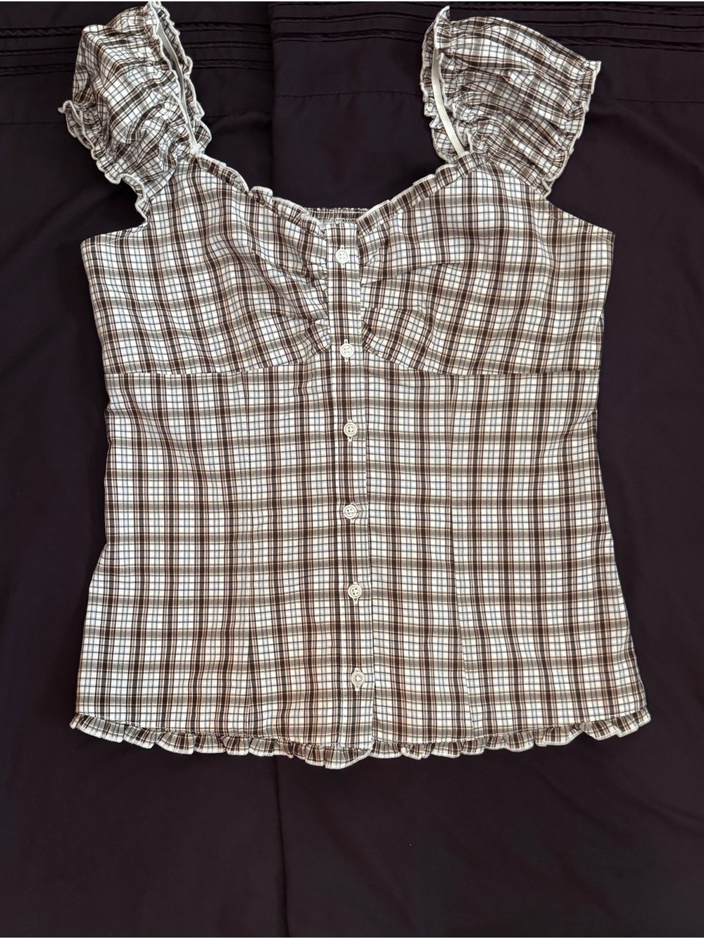 Brown and Cream Plaid Ruffled Strap Button-Front Women’s Top